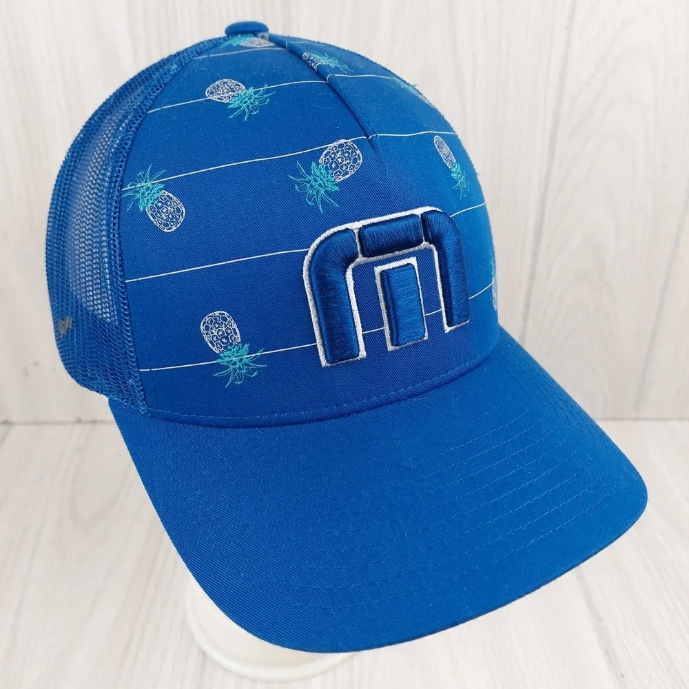 Travis Mathew Golf‎ Trucker Hat Mens OSFA Blue Pineapple Print Snapback Mesh Cap